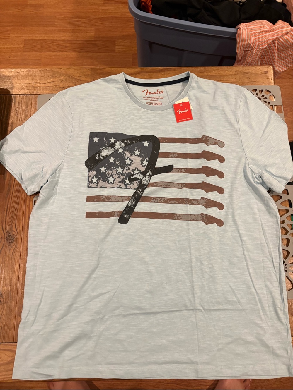 Fender Pale Blue Short Sleeve Tee with Distressed Flag & Guitar Graphic